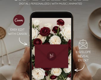 Burgundy Rose Save the Date Video | Old Money Wedding Invitation | Envelope Reveal Canva Template with Music – WEDV6