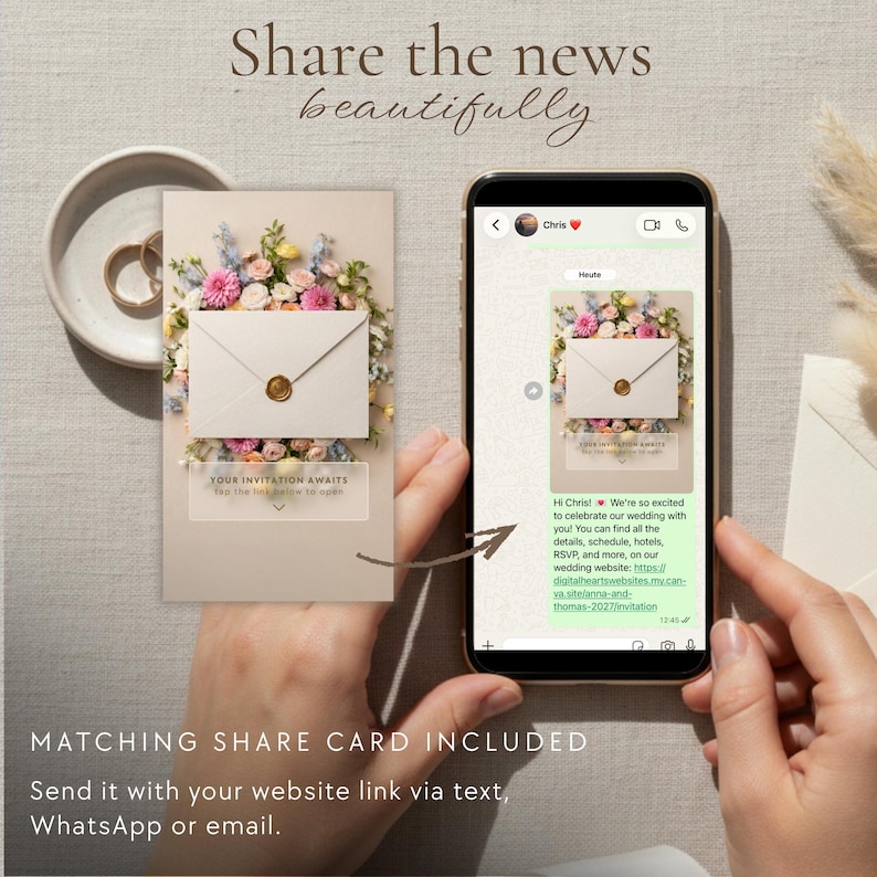 Two hands hold a phone: showing a WhatsApp chat with the shared image and a message containing the website link. Header: "Share the news beautifully.", text beneath: "Matching share card included" - Send it with your website link via text, WhatsApp or email.