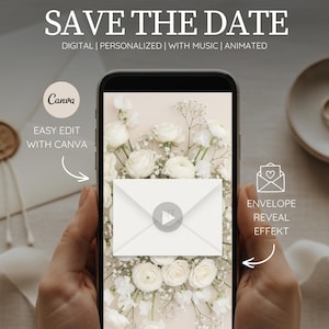 Invitación digital para guardar la fecha | Video animado de invitación de boda con música | Plantilla de Canva