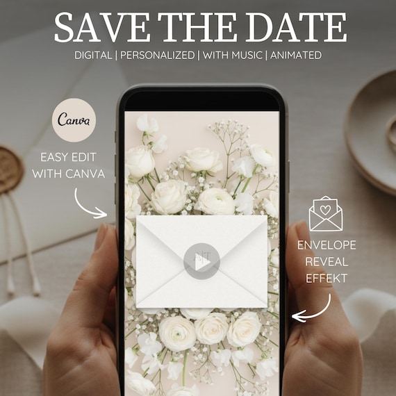 Save the Date Digital | Animated Envelope Wedding Invitation Video with Music | Canva Template