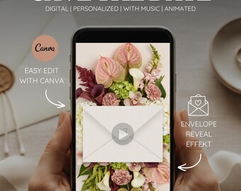 May include: A mobile phone screen shows a digital wedding invitation with the text "SAVE THE DATE." The invitation features a floral arrangement of pink and burgundy flowers. Text on the screen says "DIGITAL | PERSONALIZED | WITH MUSIC | ANIMATED." Additional text includes "EASY EDIT WITH CANVA."