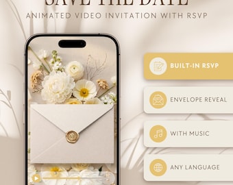 Può includere: Uno smartphone mostra un invito video animato con il testo SAVE THE DATE e ANIMATED VIDEO INVITATION WITH RSVP. Lo schermo mostra una busta color crema con un sigillo di ceralacca dorato su fiori bianchi. Include BUILT-IN RSVP, ENVELOPE REVEAL, WITH MUSIC e ANY LANGUAGE.
