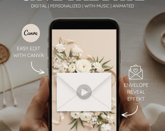 Può includere: Uno smartphone mostra un invito di nozze digitale con la scritta "SAVE THE DATE". Il design presenta fiori bianchi, nastri e una rivelazione di busta animata. Sono visibili anche il logo Canva e la scritta "EASY EDIT WITH CANVA".