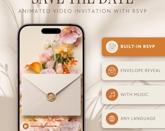 Può includere: Uno smartphone mostra un invito video animato con una busta color crema e un sigillo in cera dorata su sfondo floreale. Il testo include SAVE THE DATE, BUILT-IN RSVP, ENVELOPE REVEAL, WITH MUSIC e ANY LANGUAGE.