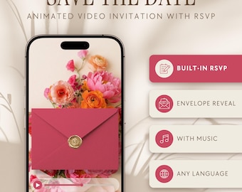 Può includere: Uno smartphone mostra un invito video animato con il testo SAVE THE DATE. Lo schermo mostra una busta rosa con un sigillo di ceralacca dorato su uno sfondo floreale. Le funzioni includono BUILT-IN RSVP, ENVELOPE REVEAL, WITH MUSIC e ANY LANGUAGE.
