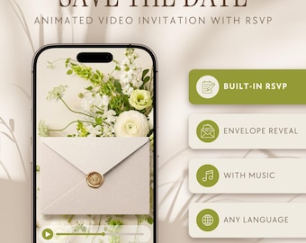Può includere: Uno smartphone mostra un invito video animato con una busta color crema e un sigillo di ceralacca dorato su fiori bianchi. Il testo recita: SAVE THE DATE, ANIMATED VIDEO INVITATION WITH RSVP, BUILT-IN RSVP, ENVELOPE REVEAL, WITH MUSIC, ANY LANGUAGE.