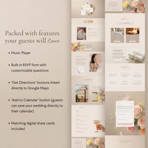 Two long scrolling website screenshots side by side showing sections: invitation, music player, countdown, photos, venue, timeline, accommodation, gift registry, FAQ, and RSVP form. Bullet list of features sits to the left.