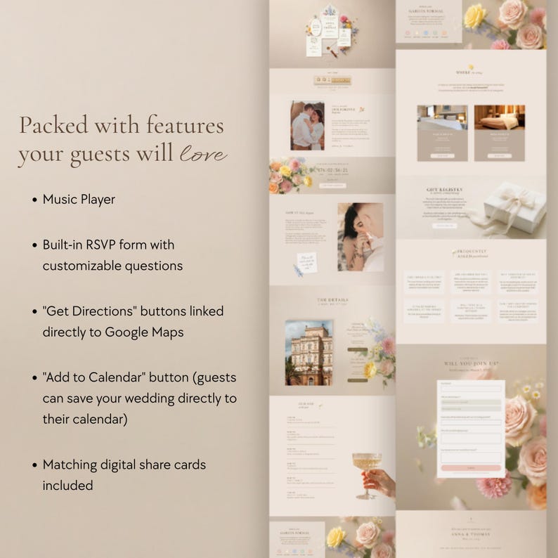 Two long scrolling website screenshots side by side showing sections: invitation, music player, countdown, photos, venue, timeline, accommodation, gift registry, FAQ, and RSVP form. Bullet list of features sits to the left.