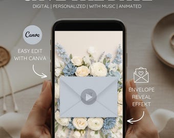 Animated Save the Date Video Invitation | Dusty Blue Floral Envelope Reveal Canva Template with Music – Elegant Wedding – WEDV4