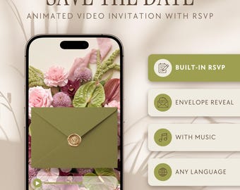Può includere: Uno smartphone mostra un invito video animato con il testo SAVE THE DATE e ANIMATED VIDEO INVITATION WITH RSVP. Lo schermo mostra una busta verde con un sigillo di ceralacca dorato su fiori rosa e verdi. Include BUILT-IN RSVP, ENVELOPE REVEAL, WITH MUSIC e ANY LANGUAGE.