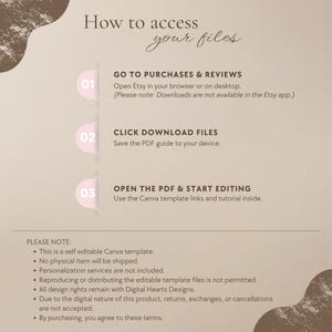 Brown background with three numbered steps titled "How to access your files": go to Purchases & Reviews, click Download Files, open the PDF. Below is a note listing usage terms for the digital product.