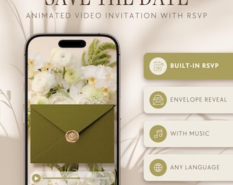 Può includere: Uno smartphone mostra un invito video animato con il testo SAVE THE DATE e ANIMATED VIDEO INVITATION WITH RSVP. Lo schermo mostra una busta verde con un sigillo di cera dorato sopra fiori bianchi. Quattro pulsanti verdi elencano le funzionalità.