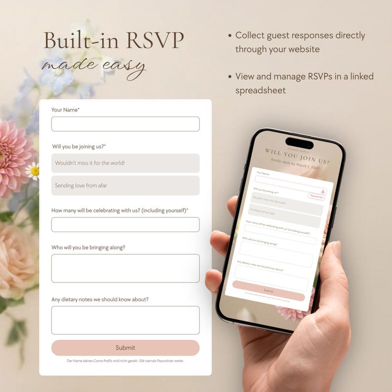 White RSVP form with fields for name, attendance, guest count, plus-one, and dietary notes, with a pink "Submit" button. A hand holds a phone on the right showing the same form on a floral background.