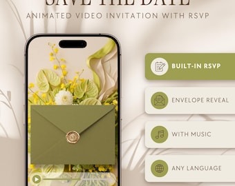 Può includere: Uno schermo di smartphone mostra un invito video animato Save the Date con una busta verde e un sigillo in cera dorata su fiori gialli. Le etichette includono Built-in RSVP, Envelope Reveal, With Music e Any Language.