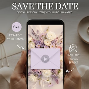Pode incluir: Um smartphone exibe um convite digital com o texto "SAVE THE DATE". O design apresenta um arranjo floral de flores brancas e roxas. O convite é animado e personalizado, com música. O logotipo da Canva é visível.