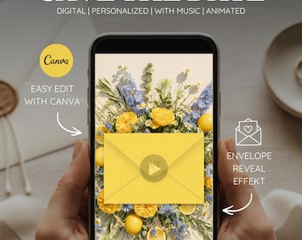 Può includere: Uno smartphone mostra un invito digitale con la scritta "SAVE THE DATE". Il design presenta una busta gialla con un pulsante di riproduzione, circondata da rose gialle, limoni e fiori blu. Il logo Canva è visibile, con la scritta "EASY EDIT WITH CANVA."