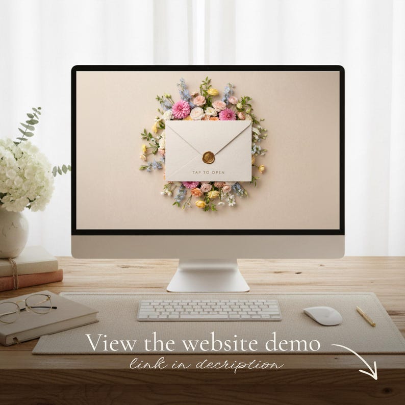 Desk with a monitor displaying a cream floral envelope with a gold wax seal reading "Tap to open," alongside a keyboard, mouse, and glasses. Caption below: "View the website demo – link in description," with an arrow.