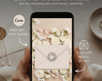Può includere: Uno smartphone mostra un invito di nozze digitale con la scritta "SAVE THE DATE". Il design presenta una busta beige con un pulsante di riproduzione, circondata da rose bianche e nastri. Il testo include "DIGITAL | PERSONALIZED | WITH MUSIC | ANIMATED" e "EASY EDIT WITH CANVA."