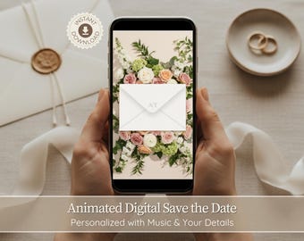 May include: A smartphone displays a digital save-the-date design featuring a floral arrangement of pink, white, and peach roses. A white envelope with the initials "AT" is overlaid on the screen. The image includes a wedding invitation, rings, and the text "Animated Digital Save the Date".