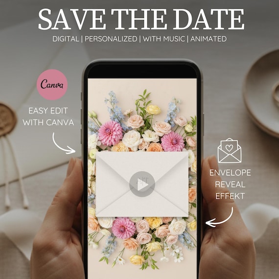 Digital Save the Date Video | Animated Wedding Invitation with Envelope & Music | Canva Template | Send via WhatsApp, Instant Download