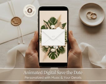 May include: A smartphone displays a digital wedding invitation with a floral arrangement and an envelope graphic. The image includes a white envelope, a plate with rings, and the text "Animated Digital Save the Date".