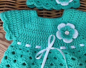 Crocheted Baby Dress and Bonnet Set Flower and Ribbon 0/3 to 1 Year