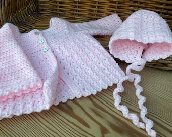 Crochet Baby Cardigan and Bonnet Set - Light Pink with Shell Buttons