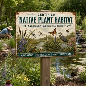 May include: A rectangular metal sign with a weathered edge featuring the text CERTIFIED NATIVE PLANT HABITAT, Supporting Pollinators & Wildlife, and PLANT NATIVE | RESTORE HABITAT | PROTECT BIODIVERSITY. The illustration depicts a pond with a frog, dragonfly, monarch butterfly, bee, and heron.