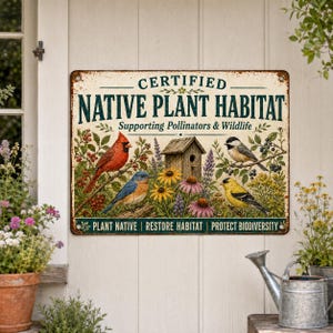 May include: A rectangular metal sign with a cream background and dark green text reading CERTIFIED NATIVE PLANT HABITAT Supporting Pollinators & Wildlife. It features illustrations of a cardinal, bluebird, chickadee, goldfinch, and birdhouse.