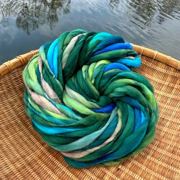 50 yards, 3 oz/86 grams,super bulky handspun yarn, spun thick and thin in hand dyed merino wool