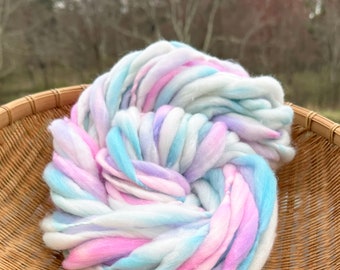 50 yards cream and pastel super bulky yarn, handspun thick and thin in merino wool, 3 to 3.1 ounces (86 to 89 grams)