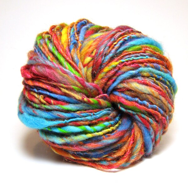 Handspun rainbow yarn, bulky weight, spun in merino, silk and sparkly Firestar -  65 yards, 1.5 ounces/ 43 grams
