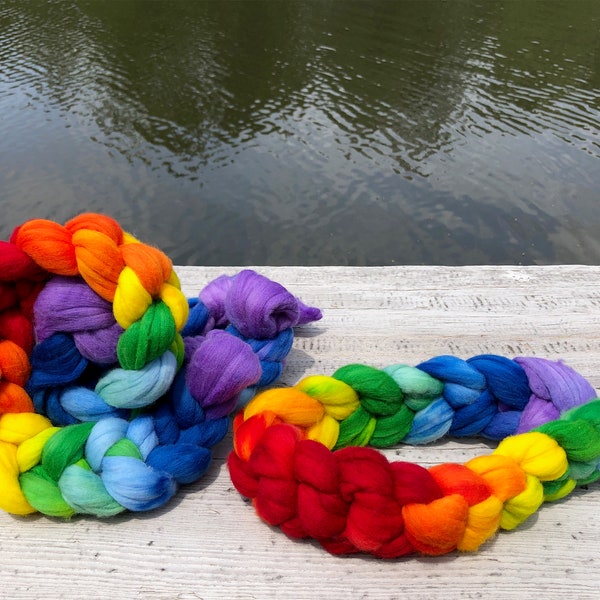 4 ounces merino combed top, wool roving, perfect for spinning or felting, hand dyed in a classic rainbow