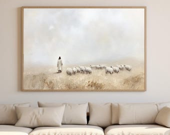 Jesus Leaves the 99 Canvas Art, Inspirational Christian Wall Art, The Good Shepherd Oil Painting, Christ Rescues the Lost, Faith-Based Decor
