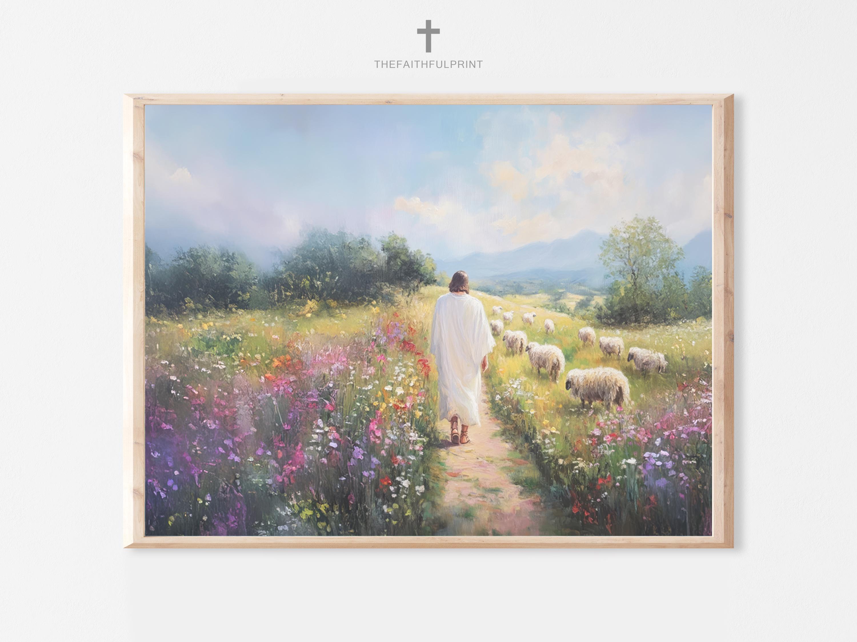Jesus Following Sheep Framed Artwork, Christian Path Wall Decor, Gospel-Inspired Scenic Print, Faithful Living Home Gift