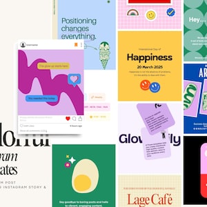 Puede incluir: Una colección de plantillas de Instagram coloridas con varios diseños. Las plantillas incluyen texto y gráficos, con un enfoque en colores vibrantes y diseños modernos. El texto "Instagram Templates" está presente.