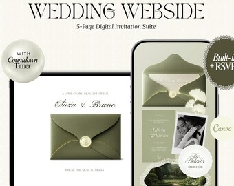 Olive Green Wedding Website Template, Canva Editable Digital Invitation (RSVP, Countdown)