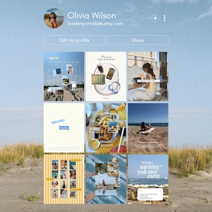 May include: Screenshot of an Etsy profile page. The profile name is Olivia Wilson, with the Etsy shop name brieketprintables.etsy.com. The images include text that says "Agenda", "Chill & Passion", and "Brunch". The background is a beach scene.