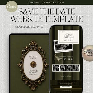 Doorbell Reveal Save The Date Wedding Website Template, Dark Green Ivory Digital Invitation, Old money