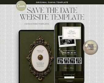 Doorbell Reveal Save The Date Wedding Website Template, Dark Green Ivory Digital Invitation, Old money