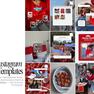 Op de afbeelding: Een collage van afbeeldingen met Instagram-sjablonen. De sjablonen bevatten verschillende lay-outs voor berichten en verhalen, met een bonus van 100 digitale stickers. De tekst "Instagram Templates" staat prominent weergegeven, samen met "50 Instagram Post" en "50 Matching Story & Bonus".