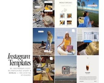 May include: A collage of Instagram templates featuring various lifestyle images. The templates include images of food, beach scenes, and fashion. Text includes "WEEKLY SPECIALS", "Iced latte", and "Instagram Templates". The templates are designed for Instagram posts and stories.