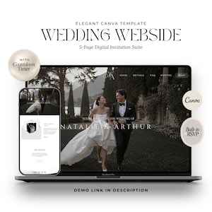 以下が含まれることがあります： Canva用の5ページ構成のデジタル結婚式ウェブサイトテンプレート。ノートパソコンとスマートフォンの画面に表示されています。フォーマルな服装のカップル、"NATALIE & ARTHUR"というテキスト、カウントダウンタイマー、組み込みのRSVP機能がデザインに含まれています。