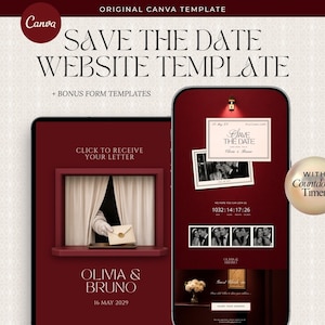 May include: A digital Save the Date website template for Canva featuring a deep red color scheme. The design includes a hand holding an envelope, a countdown timer, and placeholders for photos and text, including the names Olivia and Bruno.