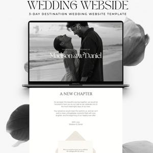 May include: A digital wedding website template displayed on a laptop screen, featuring a black and white photograph of a couple on a beach with the text "Madison and Daniel" and "A NEW CHAPTER" followed by event details and date 16 April 2028.