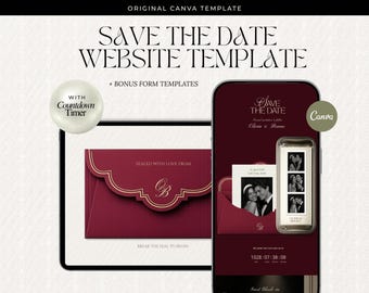 Burgundy Save The Date Website Template, Old Money Wedding Invitation (Digital Download)