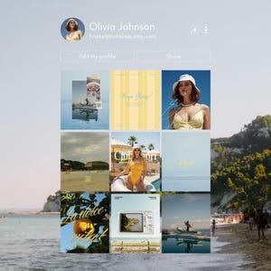 Könnte beinhalten: Etsy-Shop-Profil mit einem Raster von neun Bildern mit Strandmotiven. Das Profilbild zeigt eine Frau mit weißem Hut. Der Shop-Name ist Olivia Johnson, mit der Etsy-Shop-URL. Die Bilder zeigen Strandszenen, Text und eine Mikrowelle.