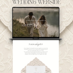 May include: A digital wedding website template displayed on a laptop screen, featuring a photo of a couple near water, the text "ASHLEY & MASON," and a lower section with the text "A new chapter" above a cream-colored lace envelope and photo.