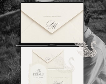 Vintage Swan Wedding Website Template, Sealed Envelope Invitation, Lace Card Design, Editable Canva Site