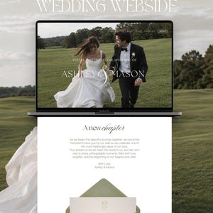 Könnte beinhalten: Eine digitale Hochzeits-Website-Vorlage auf einem Laptop-Bildschirm mit einem Heldenbild eines Paares, Navigationsmenü und Textabschnitten wie 'A new chapter', 'Ashley & Mason' sowie Veranstaltungsdetails für den 16. Mai 2029 in der Villa del Balbianello.